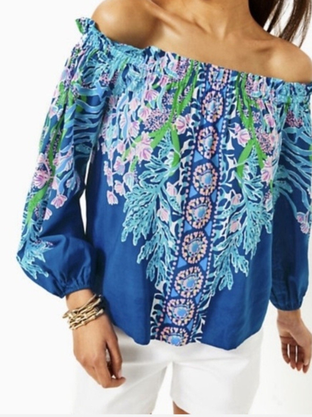 Lilly Pulitzer Off-Shoulder Floral Embroidered Top - Blue